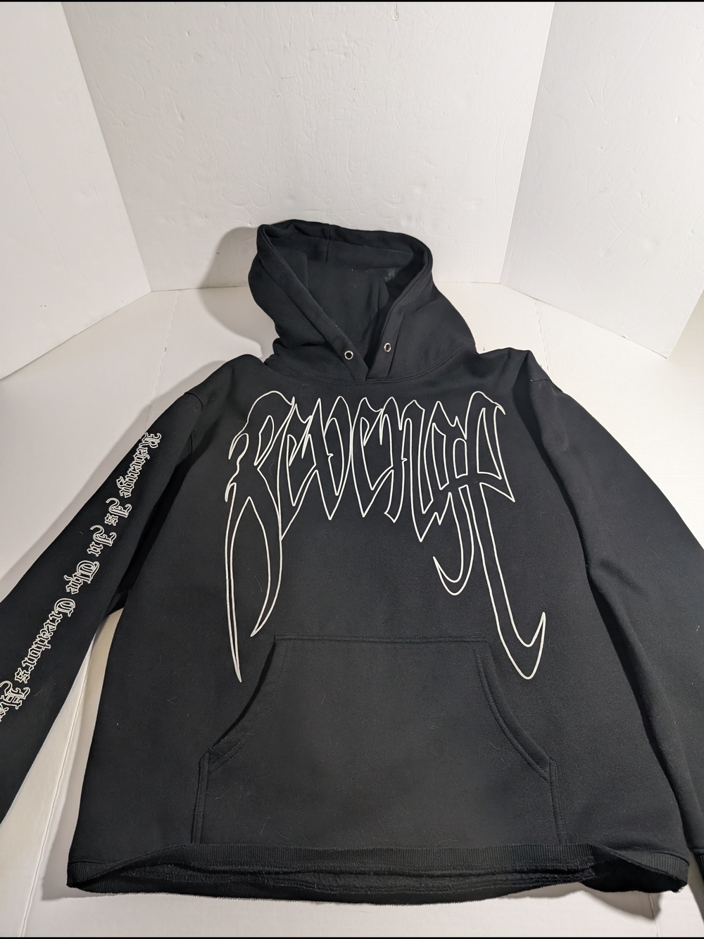 REVENGE XXXTENTACION OUTLINE HOODIE BLACK - WHITE Oversized LOS ANGELES HAND